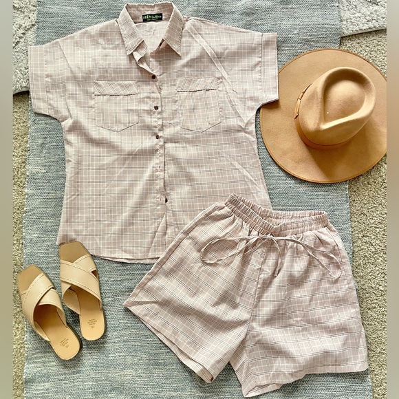 PHN Fashion Tops - Casual Summer / Spring - Travel Pink Plaid Shirt and Shorts Set